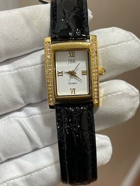 Vintage JBK Camrose & Kross Women's Tank Watch Gold Black Jacqueline Kennedy